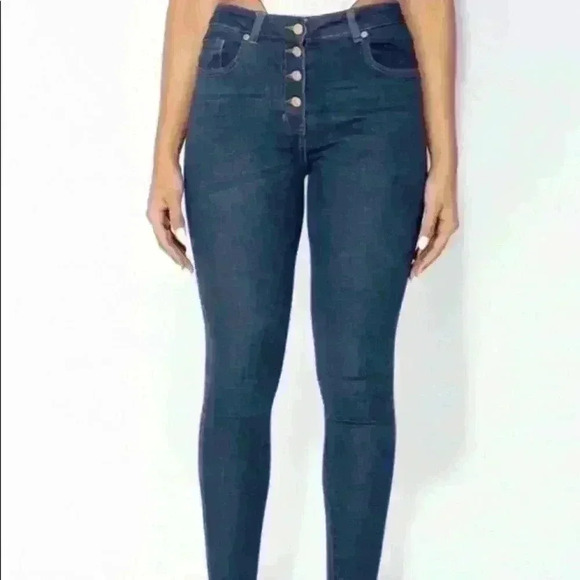 Denim Dark Blue Button Up High Waisted Jeans - Picture 5 of 7